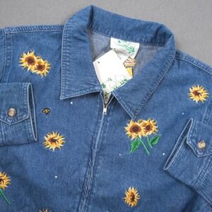 Embroidered Sunflower Bees Rhinestones Denim Jacket Zip Quaker Factory Women L